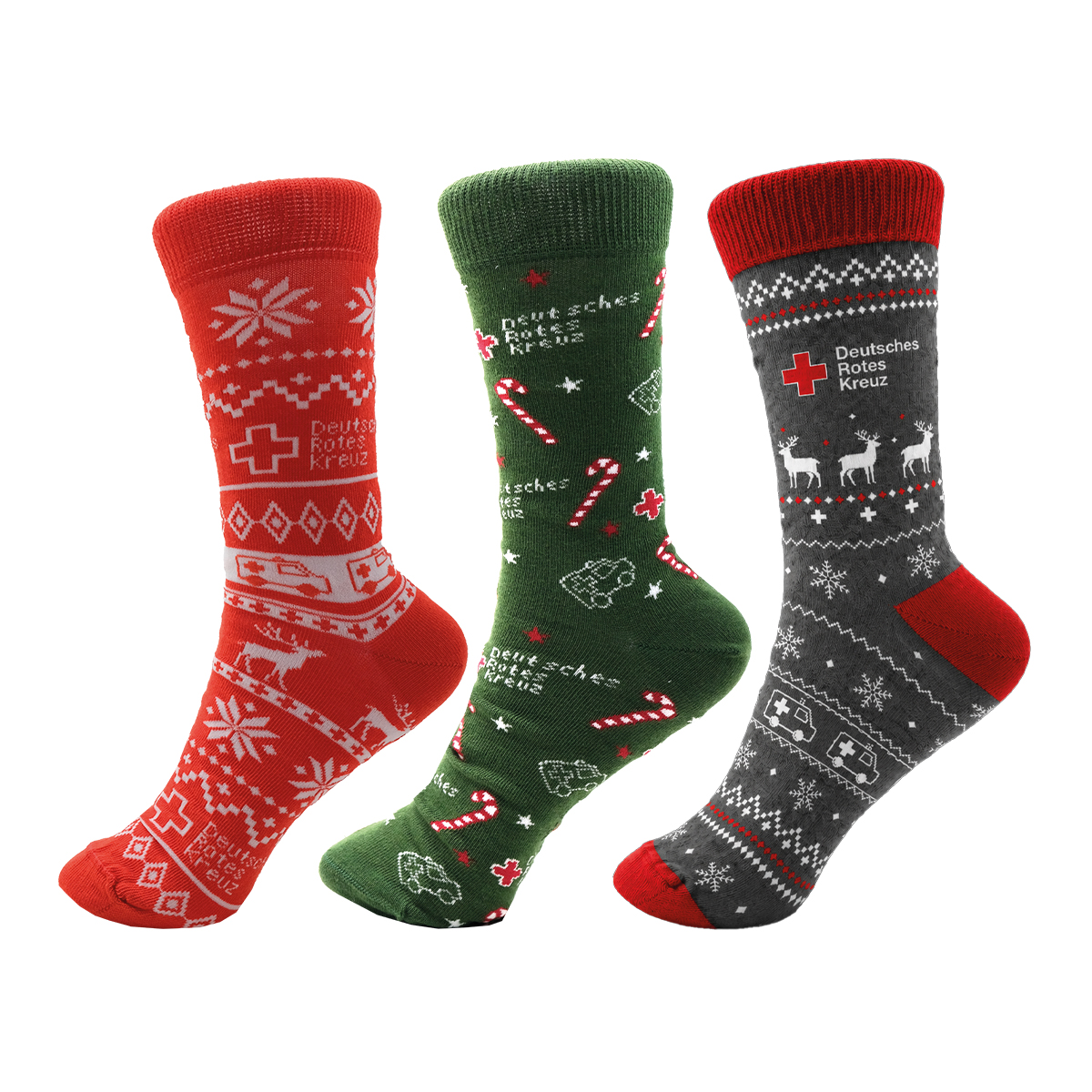 Weihnachtsocken, Gestrickte Socken, Rote Socke, Grüne Socken, Deutsches Rotes Kreuz