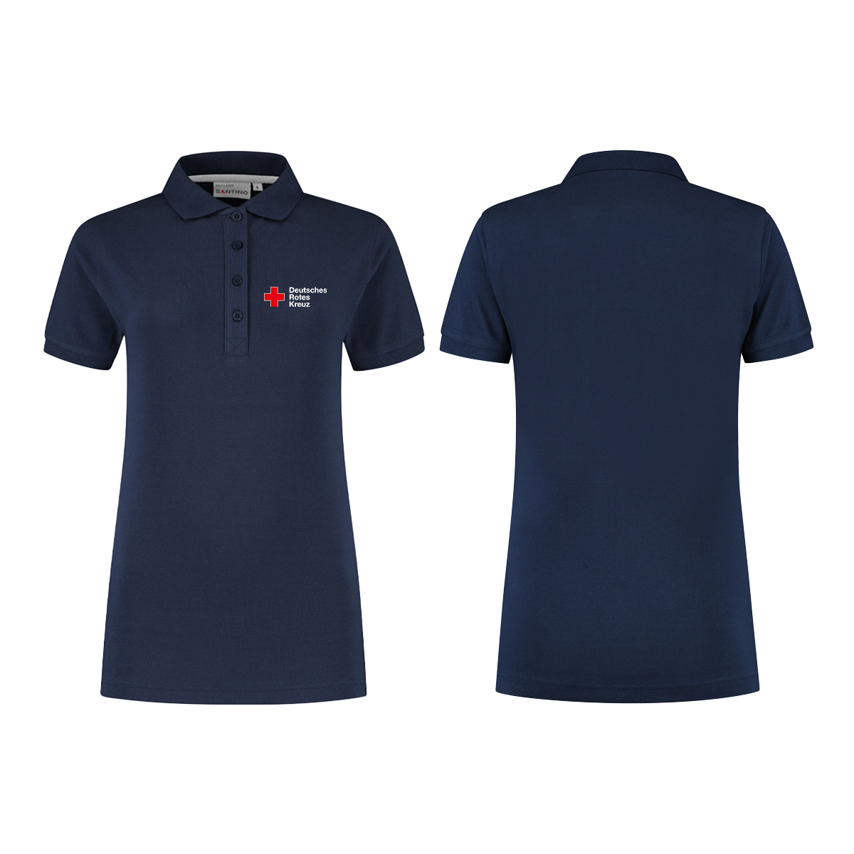 Poloshirt für Damen mit weiß und navy Stick DRK-Kompaktlogo