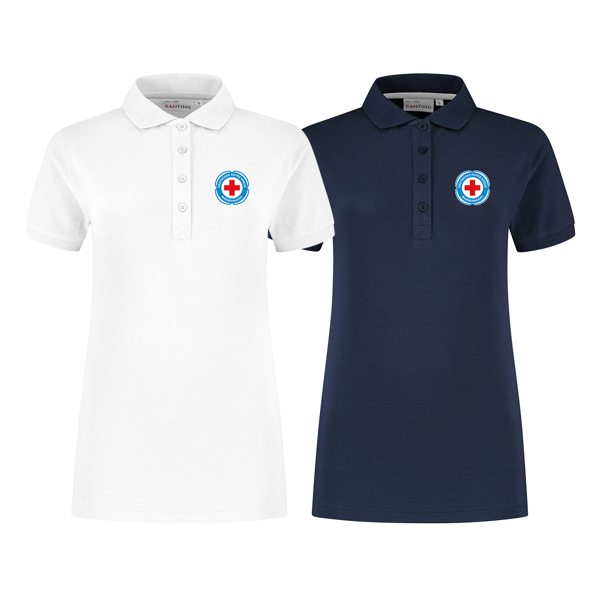 Poloshirt Damen, weiß und navy Druck Wasserwachtlogo Poloshirt für Damen mit weiß und navy Druck Wasserwachtlogo
