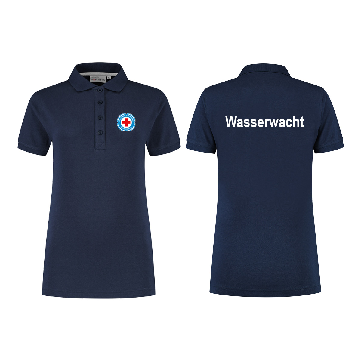 Poloshirt für Damen mit weiß und navy Druck Wasserwachtlogo