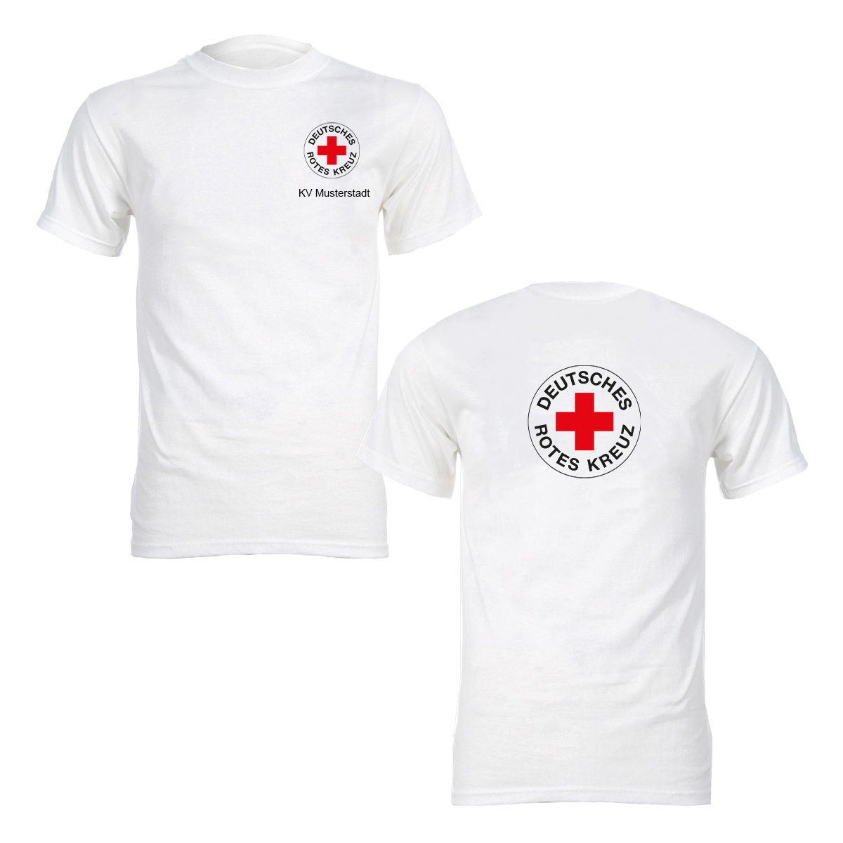 T-Shirt weiß, Druck Rundlogo beidseitig und Zusatzzeile vorn T-Shirt weiß mit Druck Rundlogo beidseitig und Zusatzzeile vorn