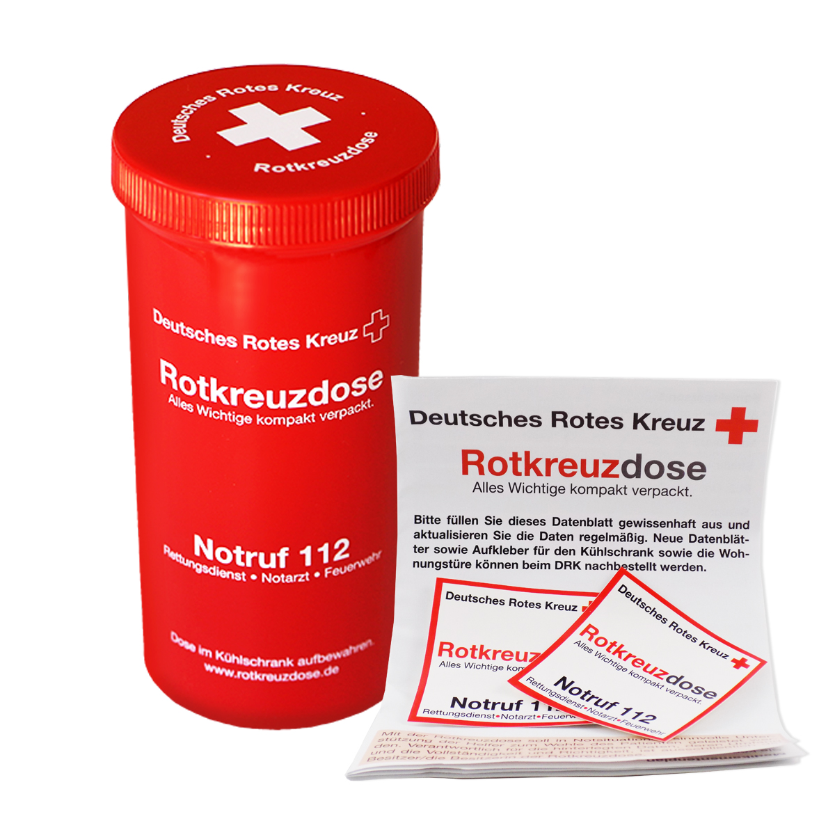 Rotkreuzdose mit Infoblatt und 2 Aufklebern VE = 10 Dosen